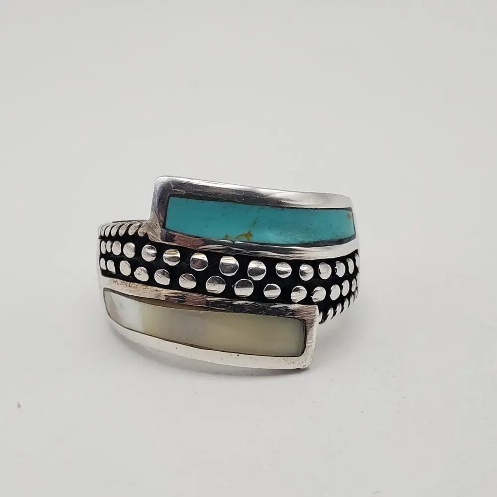 Sterling Silver 925 Turquoise & Mother of Pearl Inlay Ring Size 7